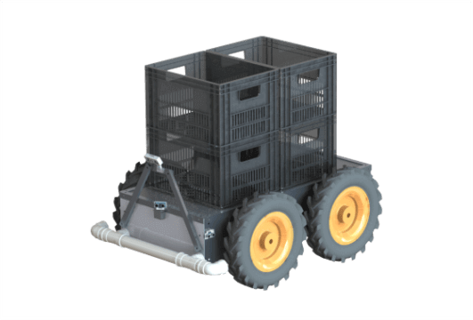 Esquema 3d do AGR 125 configurado como plataforma de transporte de caixas de colheita.